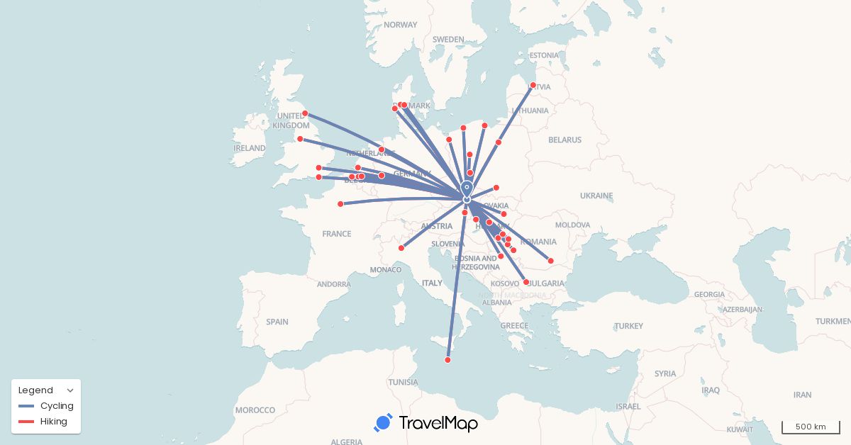 TravelMap itinerary: plane, cycling, hiking in Austria, Belgium, Bulgaria, Czech Republic, Germany, Denmark, France, United Kingdom, Hungary, Italy, Latvia, Malta, Netherlands, Poland, Romania, Serbia (Europe)
